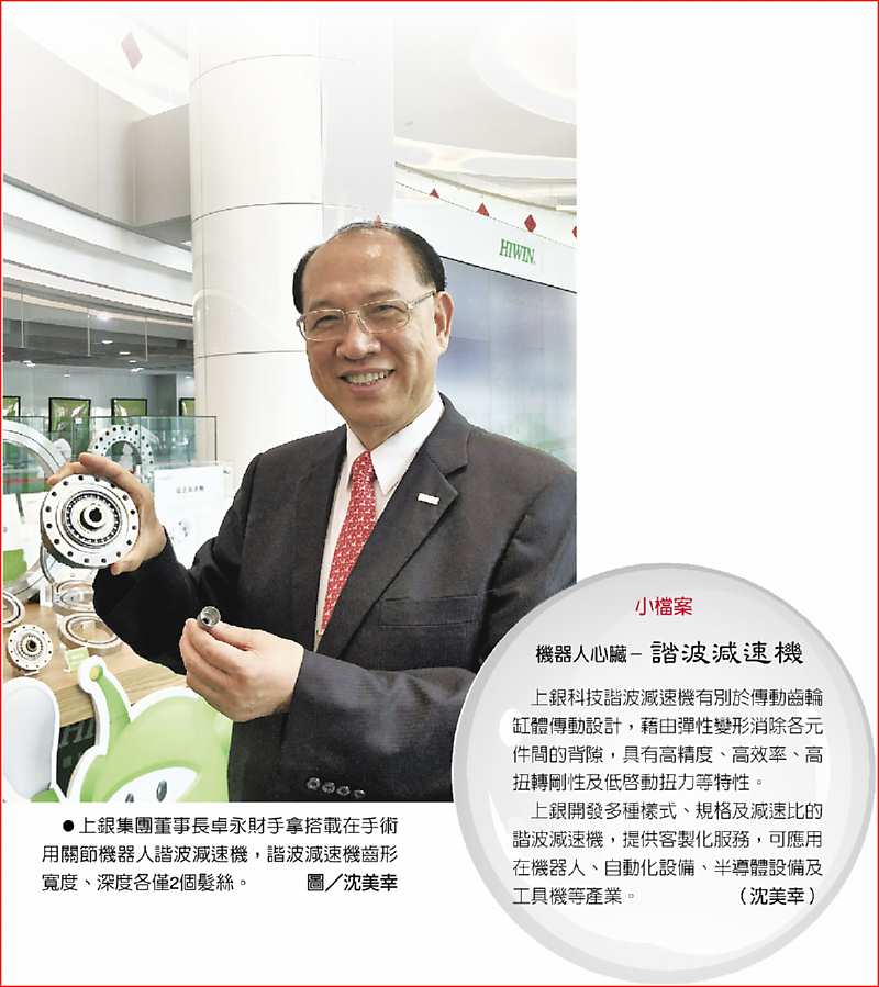●上銀集團董事長卓永財手拿搭載在手術用關節機器人諧波減速機,諧波減速機齒形寬度、深度各僅2個髮絲。圖/沈美幸 image