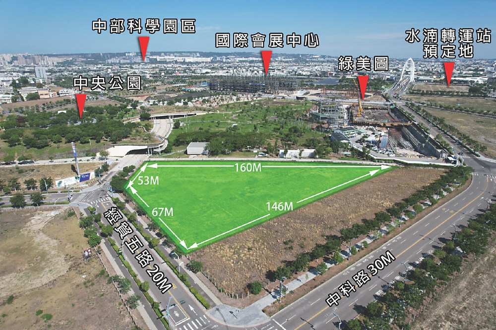 ←台中金磚水湳重劃區-綠美圖景觀重量級鑽石角地公開標售。圖/世邦魏理仕提供 image