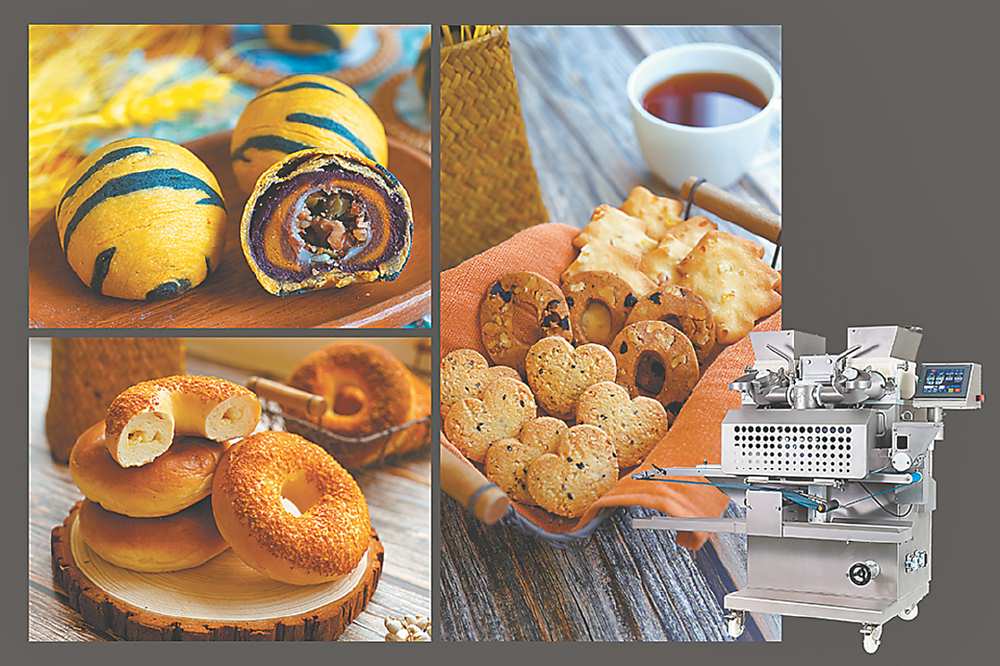 ●百城機械主力機種HM588多功能自動包餡機,在搭配不同配件下,可生產包括5重包、包餡貝果及三色餅乾等產品,一機多用,提高設備投資價值。圖/百城機械提供 image