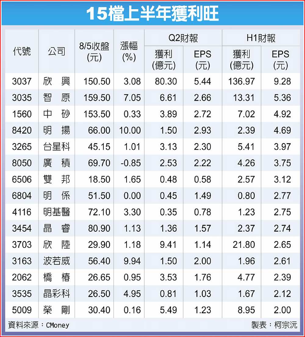 15檔上半年獲利旺 image